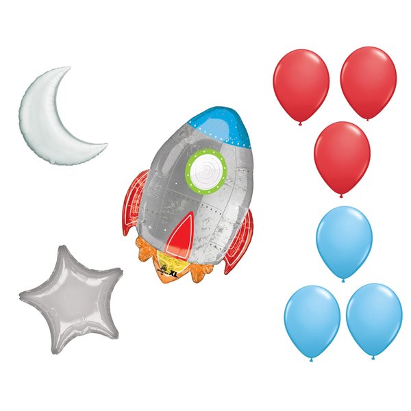 Loonballoon Space, Alien, Rocket Theme Balloon Set, 29in. Blast Off Rocket Balloon, Star, Moon Foil 96120